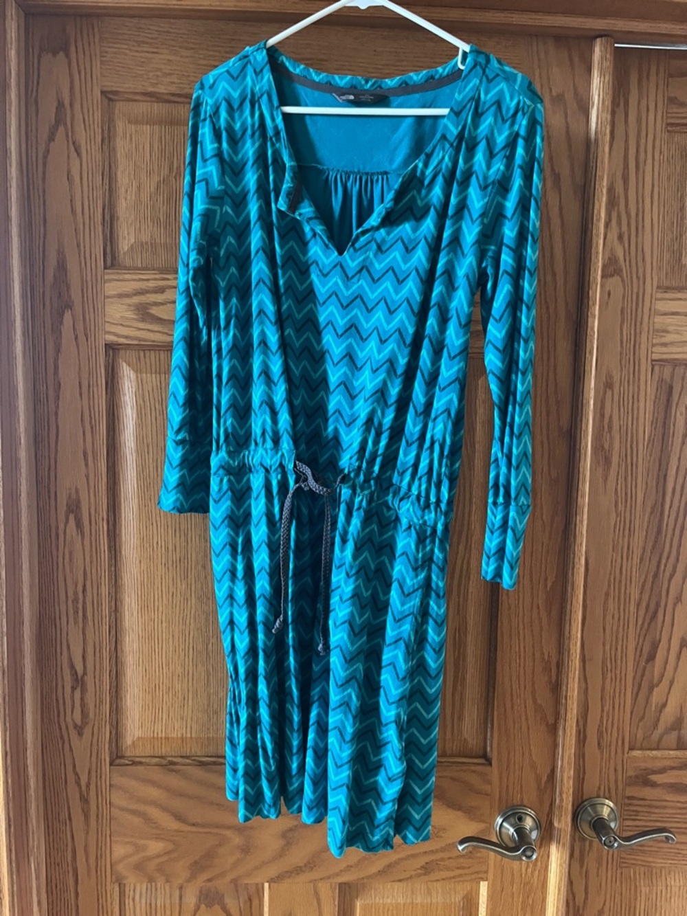 The North Face Teal Chevron Long-Sleeve Drawstring Dress